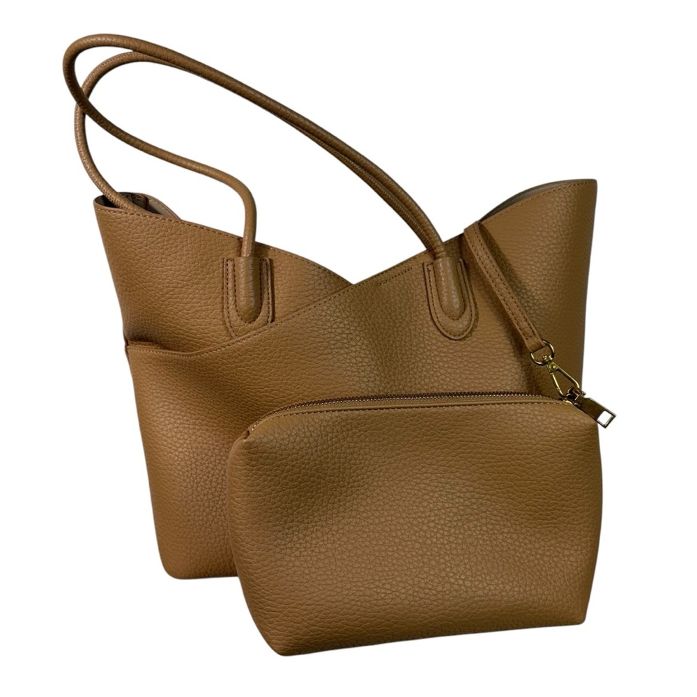 Unbranded Brown Beige Pebbled Leather Crossover Top Tote Bag w/ Cosmetic Pouch